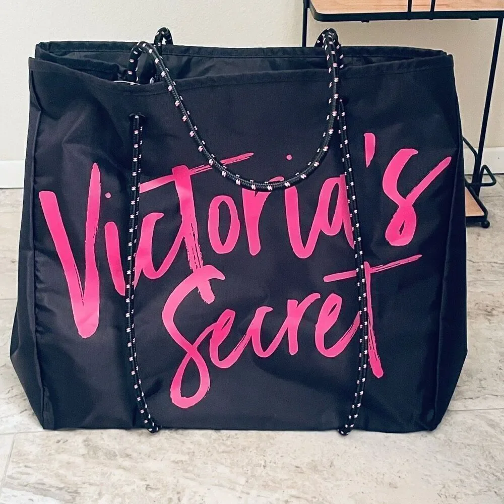 NWT Victoria’s Secret Angel Tote Black Pink Convertible Rope Weekender Tote Bag